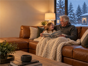 Grandfather and granddaughter reading together on a cognac leather sectional during a snowy Calgary evening at home.