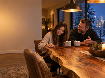 A Calgary father and teenage daughter share hot chocolate beside a live edge acacia dining table on a snowy evening.