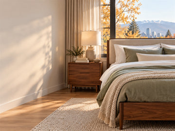 Queen bed frame in a bright Calgary bedroom with walnut wood, oatmeal upholstery and soft fall morning light.