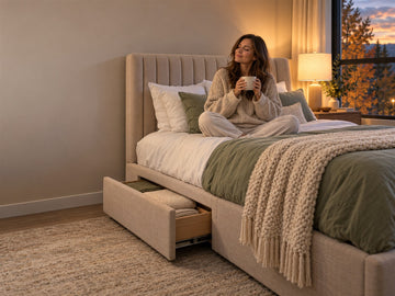 Woman relaxing on an upholstered storage bed with an open side drawer in a calm Calgary bedroom at sunset.