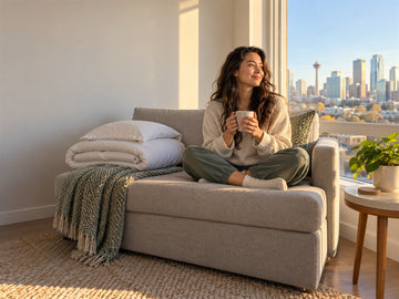 A young woman enjoys morning coffee on a closed sofa bed in her bright Calgary condo.
