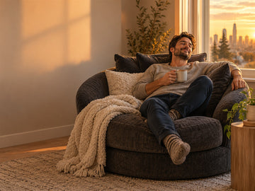 A Calgary man relaxes after work in a charcoal nest chair with warm evening light and a mug.
