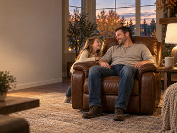Tall man relaxing in a properly fitted brown leather recliner with his daughter in a warm Calgary living room.