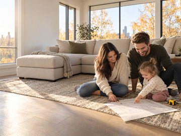 A Calgary family plans an L-shaped sectional configuration together beside their new oatmeal sectional in a bright living room.