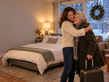 A Calgary family welcomes an older guest beside an opened sleeper sofa prepared with warm bedding for a winter visit.