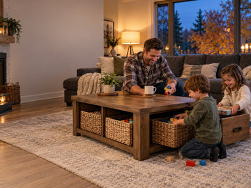Father and two children organizing toys inside a wood storage coffee table in a warm Calgary family room.