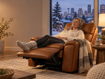 Woman relaxing in a cognac leather zero gravity recliner during a snowy winter evening in Calgary