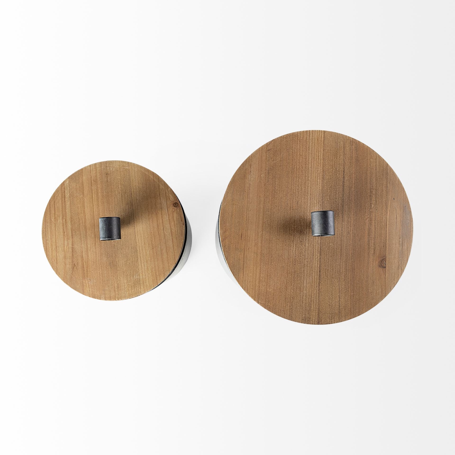 Cyril (Set of 2) Gray Metal W/ Brown Wood Lids Jars - Calgary Furniture Store