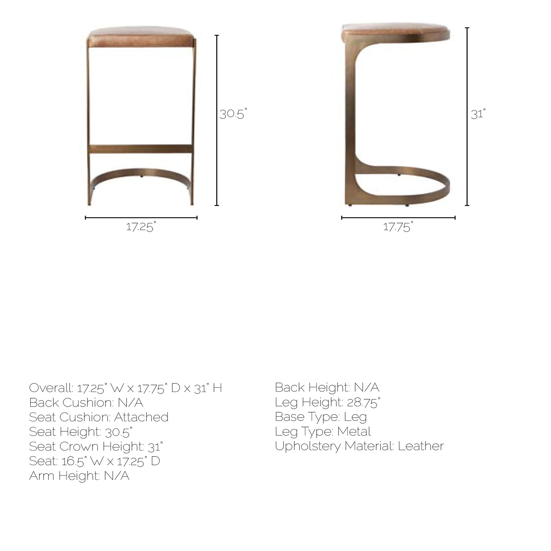 Tyson 31-inch Brown Top-Grain Leather Bar Stool, Metal Frame