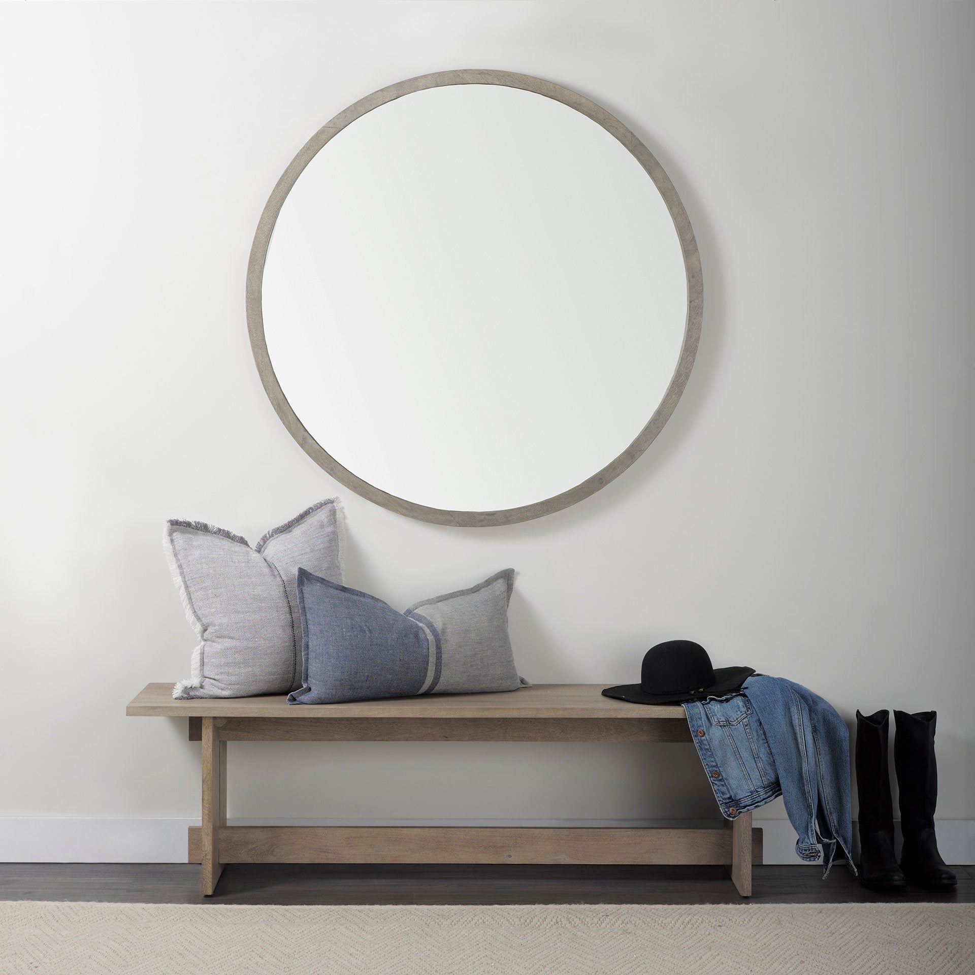 Gambit 46-inch Round Gray Wash Mango Wood Frame Mirror