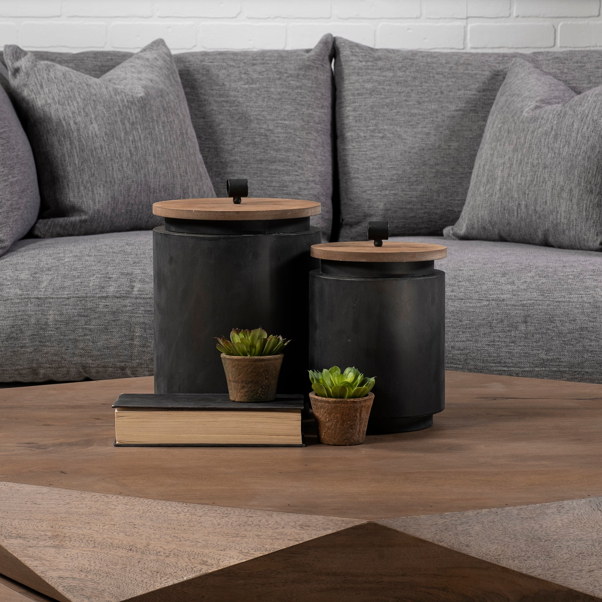 Cyril (Set of 2) Gray Metal W/ Brown Wood Lids Jars - Calgary Furniture Store