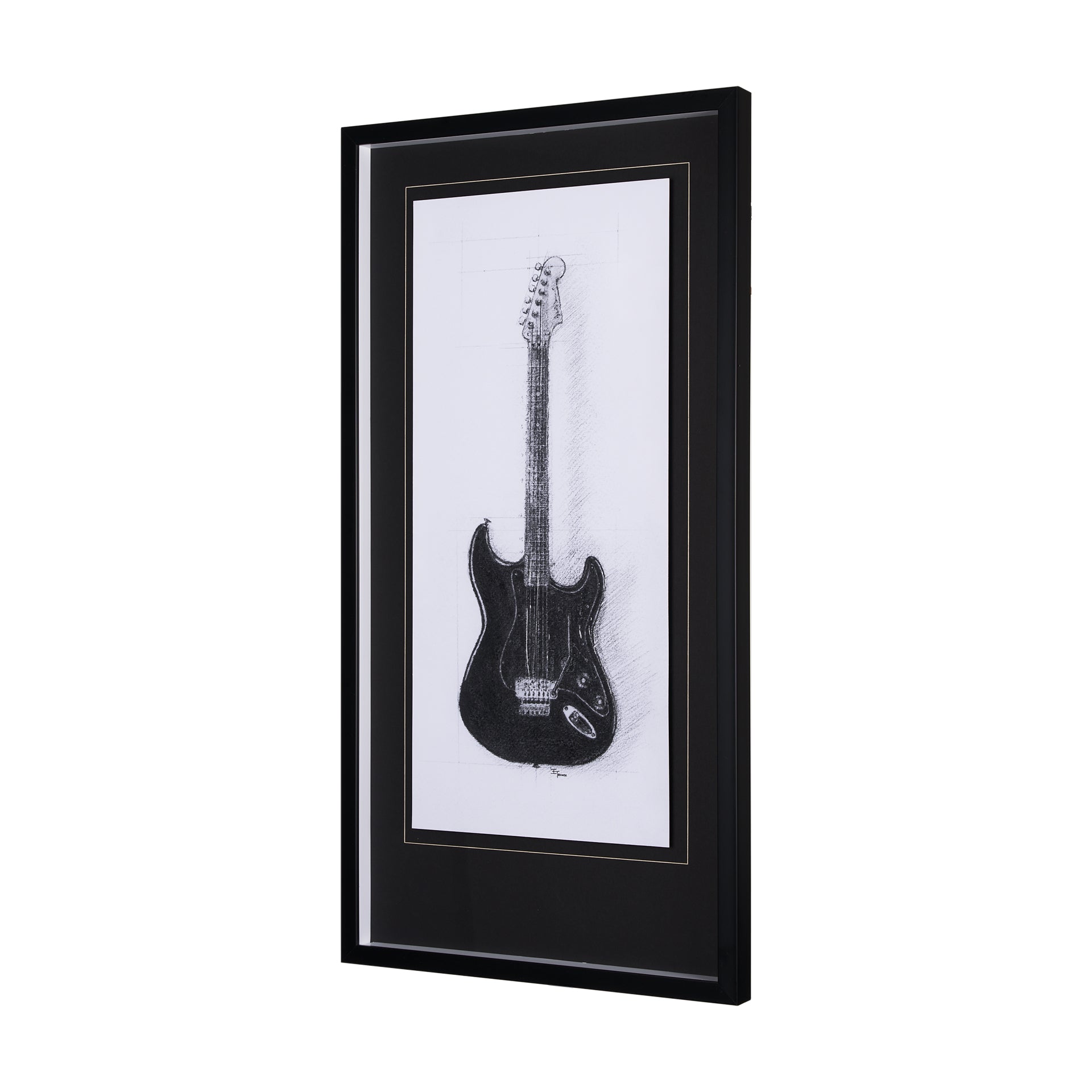 Hand-Embellished Guitar Framed Art Print Monochrome Matted Glass