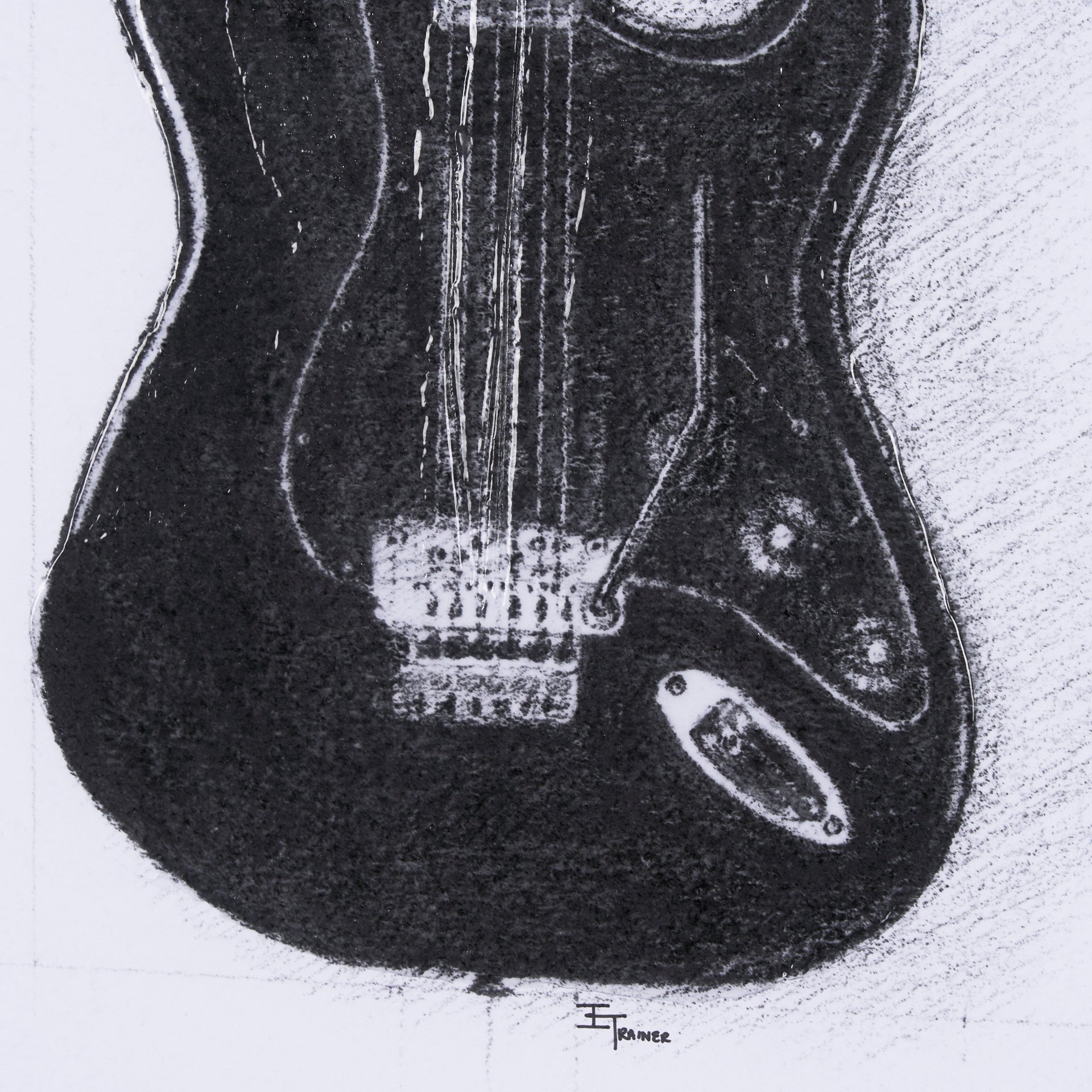 Hand-Embellished Guitar Framed Art Print Monochrome Matted Glass