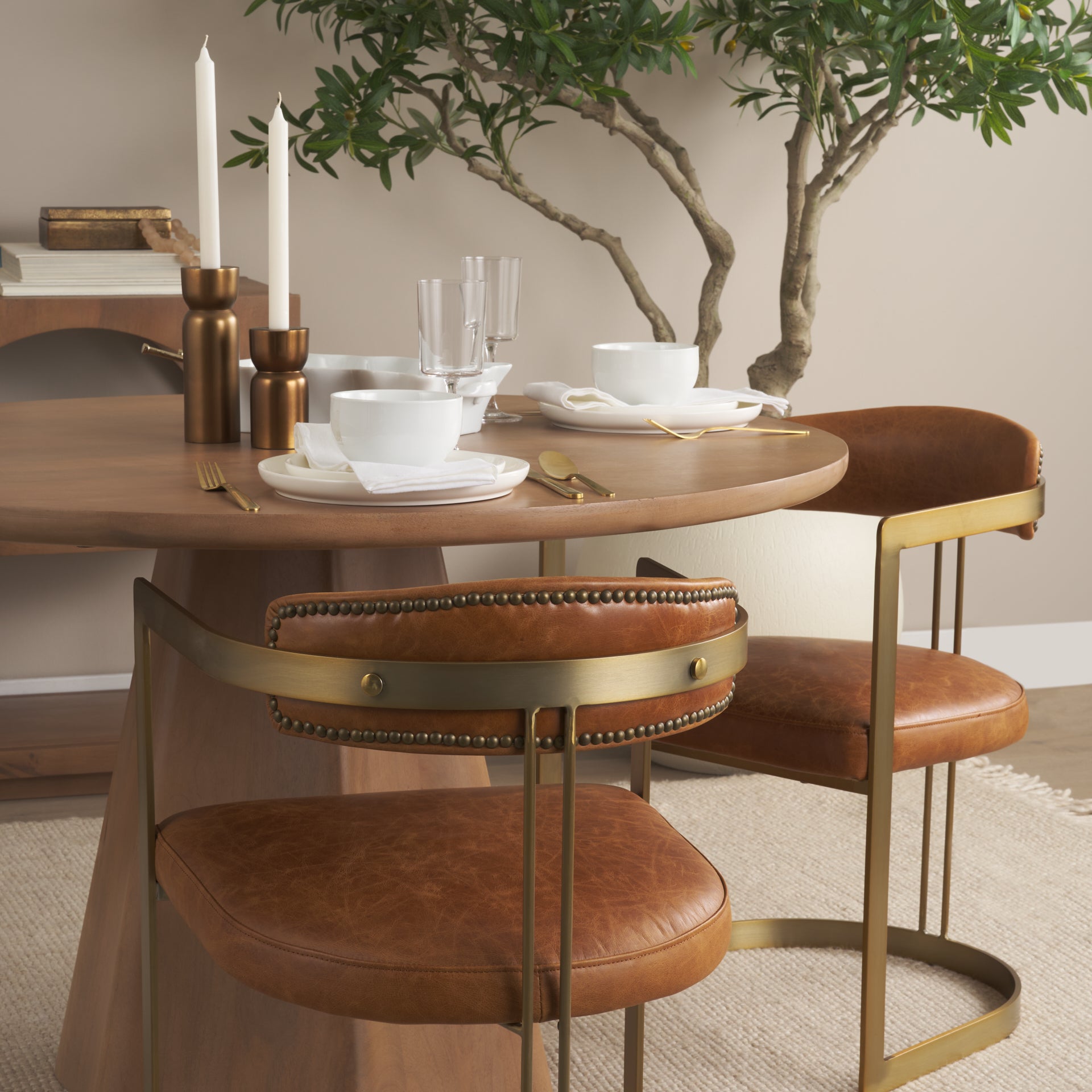 Hollyfield Brown Top-Grain Leather Dining Chair with Gold Frame