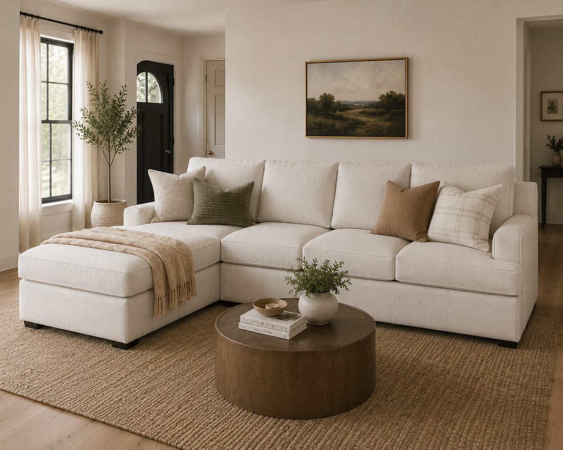 Cream sectional sofa with chaise in a warm modern living room.