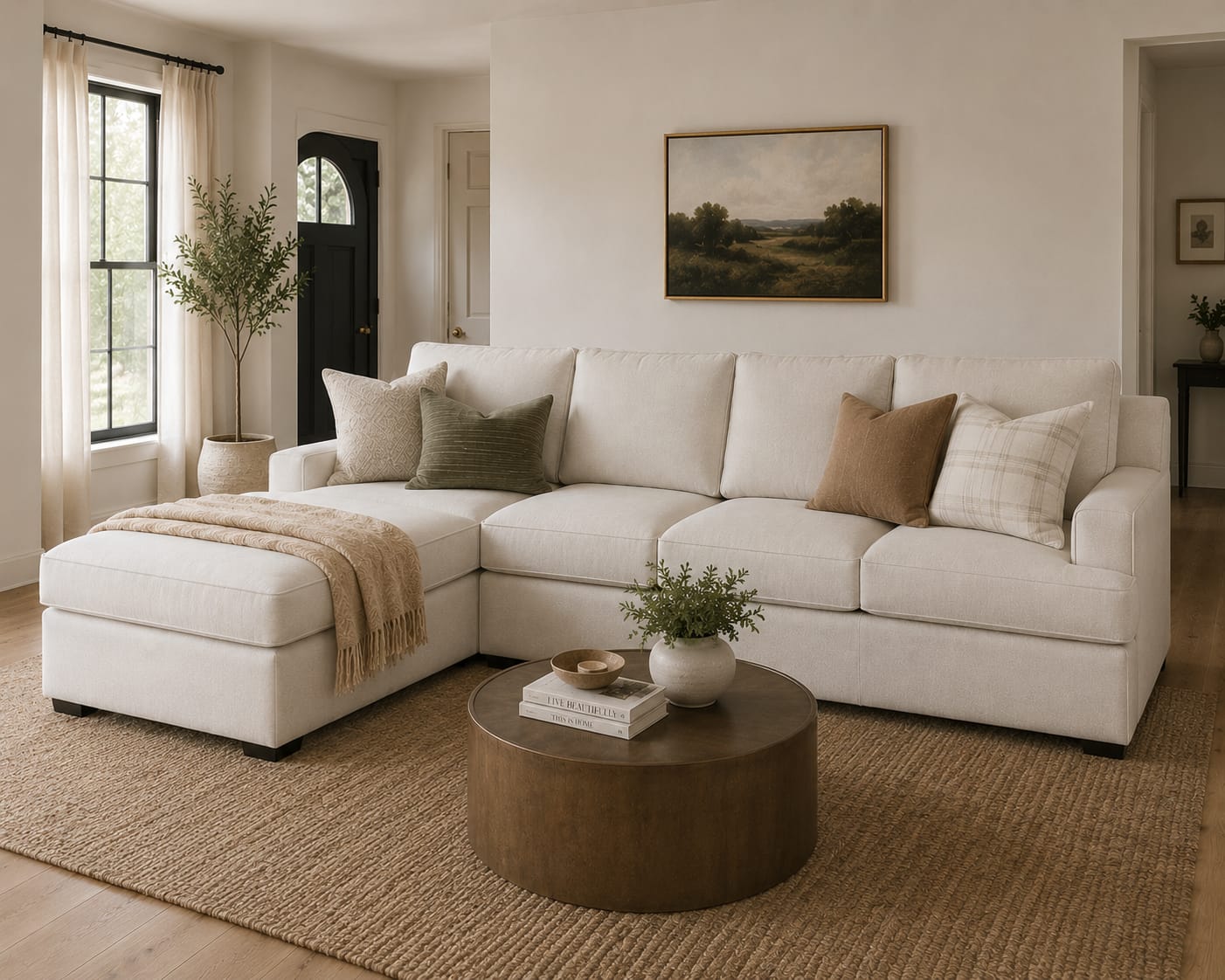 Cream sectional sofa with chaise in a warm modern living room.