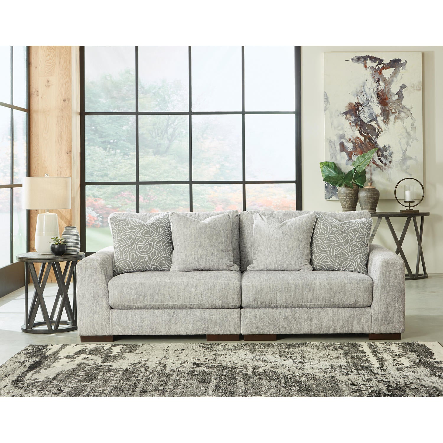 Regent Park 2-Piece Loveseat Sectional Sofa Pewter Chevron Upholstered