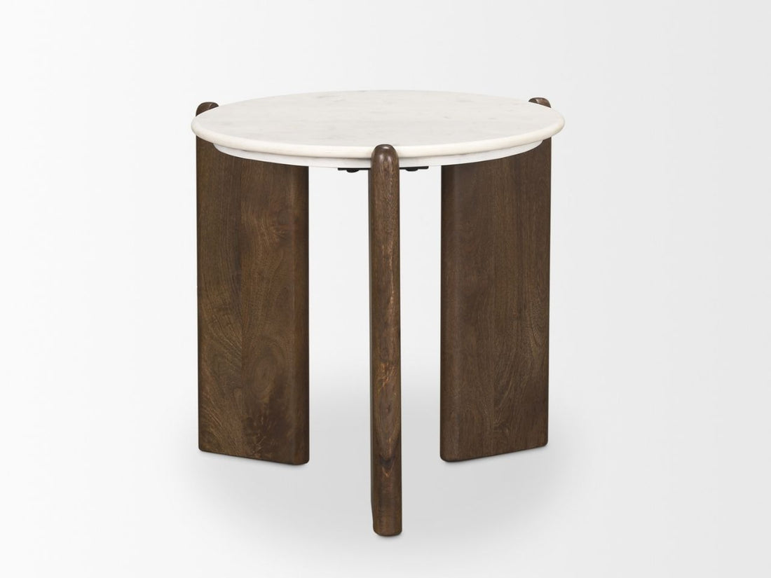 Rumer Dark Brown Mango Wood Side Table White Marble Top in Calgary in a white background