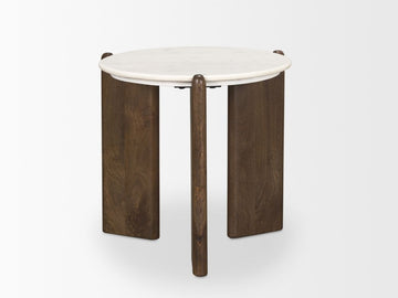 Rumer Dark Brown Mango Wood Side Table White Marble Top in Calgary in a white background