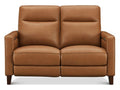 Warm brown leather two-seat sofa with smooth upholstery, structured high back cushions, boxy arms, and tapered wooden legs on a white background.