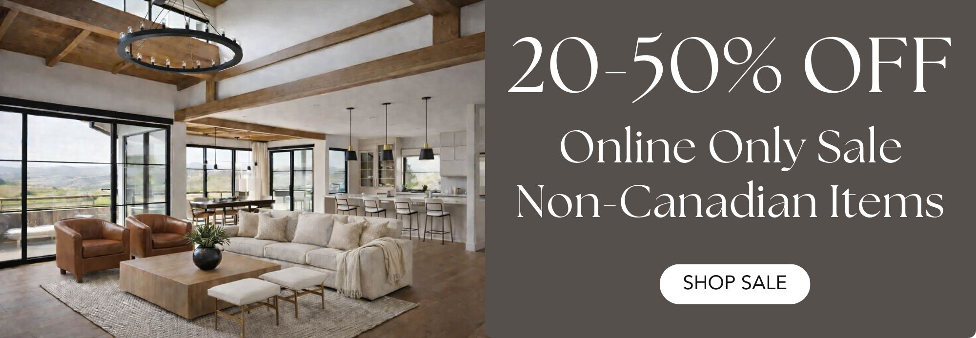 Living room with a large sectional sofa and modern decor, alongside a promotional banner for an online sale.