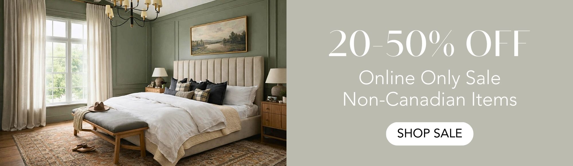 Bedroom with bed and lamps, promotional banner for sale on gray background