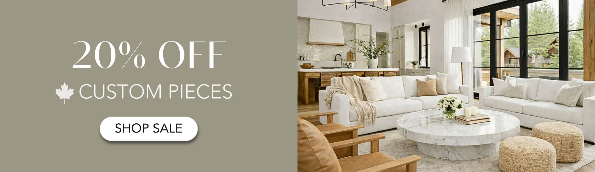Modern living room with a sale banner offering 20% off custom pieces by Showhome Furniture in Calgary