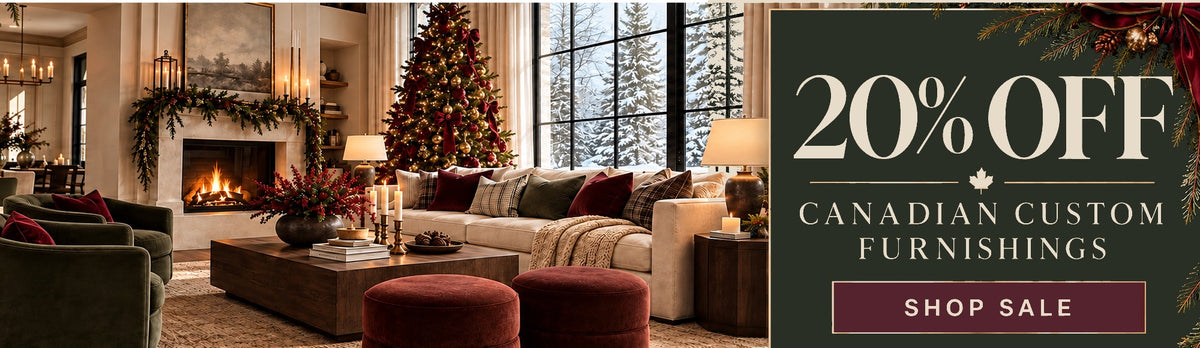 Modern living room with a sale banner offering 20% off custom pieces by Showhome Furniture in Calgary