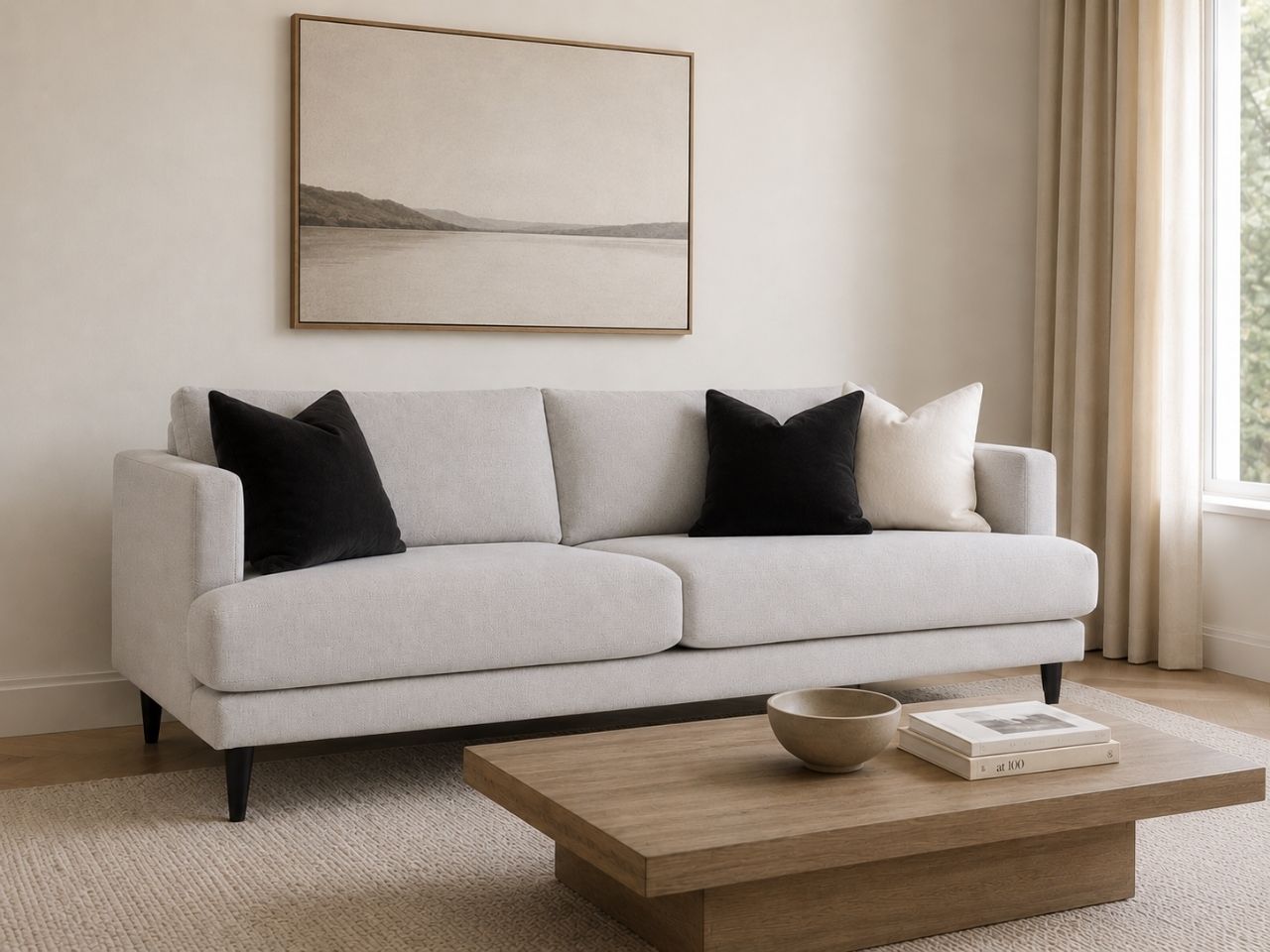 Light fabric sofa with black accent pillows in a modern living room.