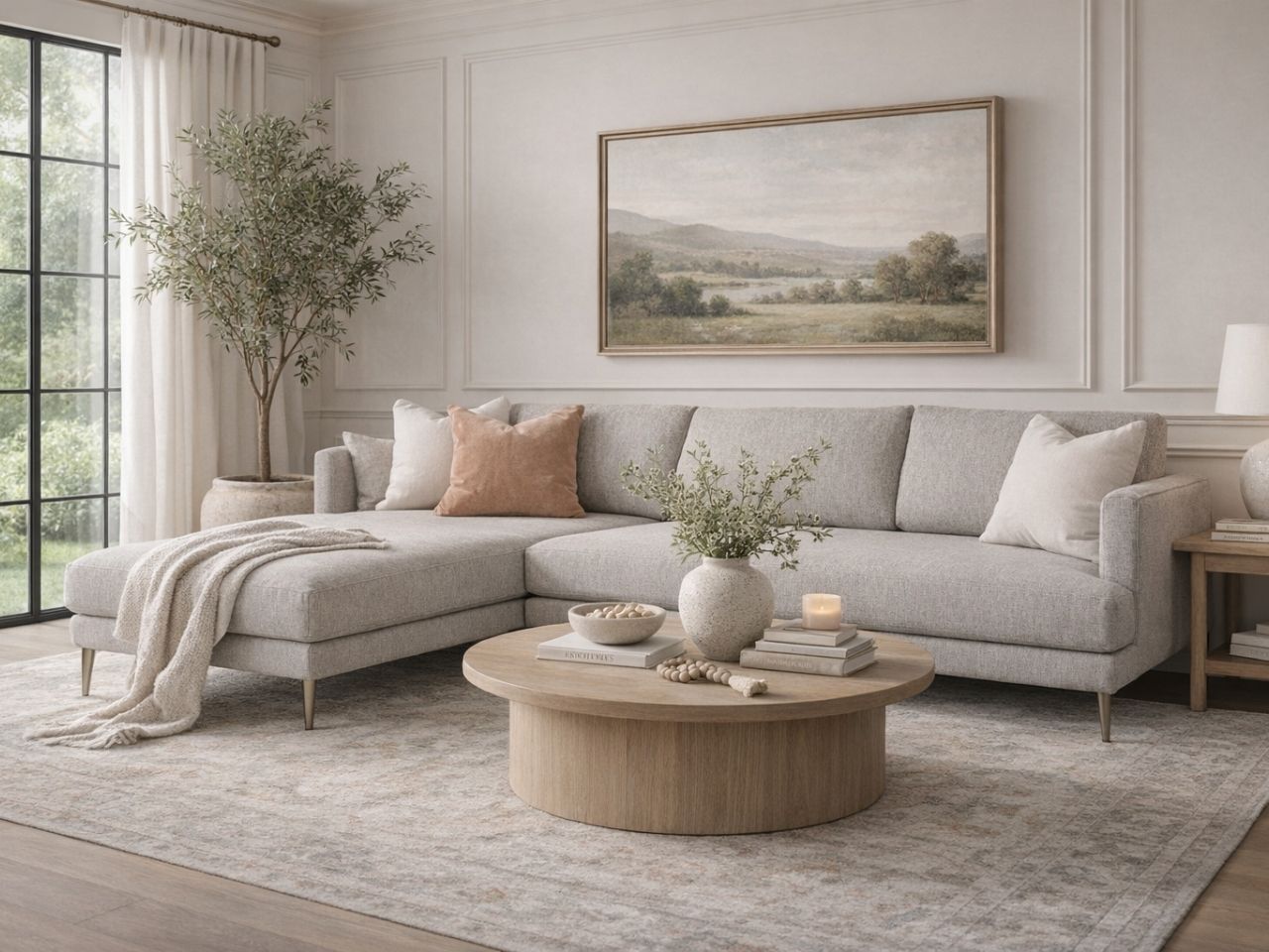 Light gray upholstered sectional with chaise, styled in an elegant living room with a round wood coffee table and wall art.