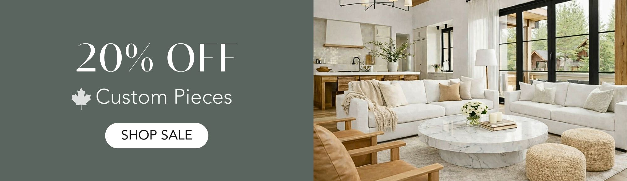 Promotional banner with 20% off custom pieces and a living room scene.