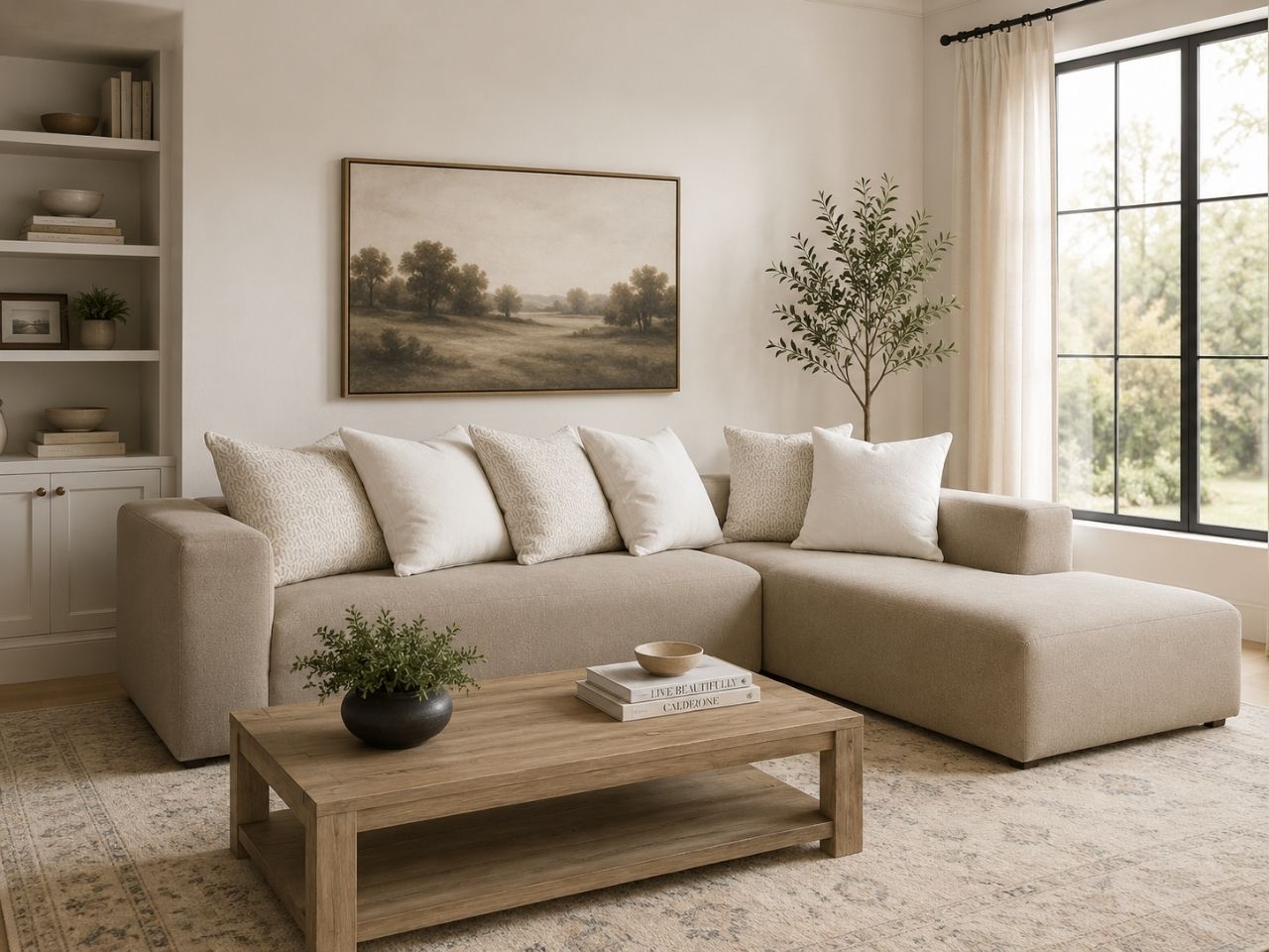 Beige fabric sectional with chaise and accent pillows in a cozy modern living room.