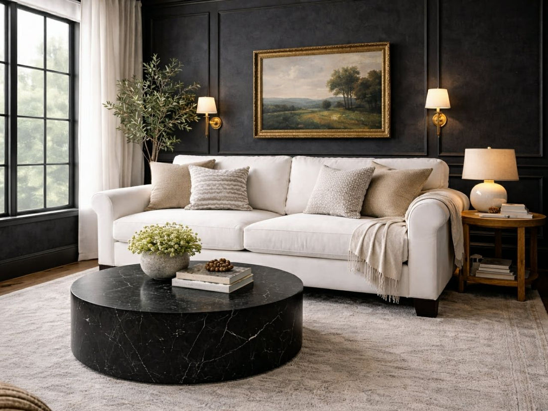 🇨🇦 2323 Custom Fabric Sofa with a black round coffee table | Calgary Furniture Store