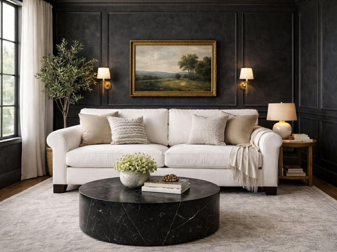 🇨🇦 2323 Custom Fabric Sofa with a black round coffee table | Calgary Furniture Store