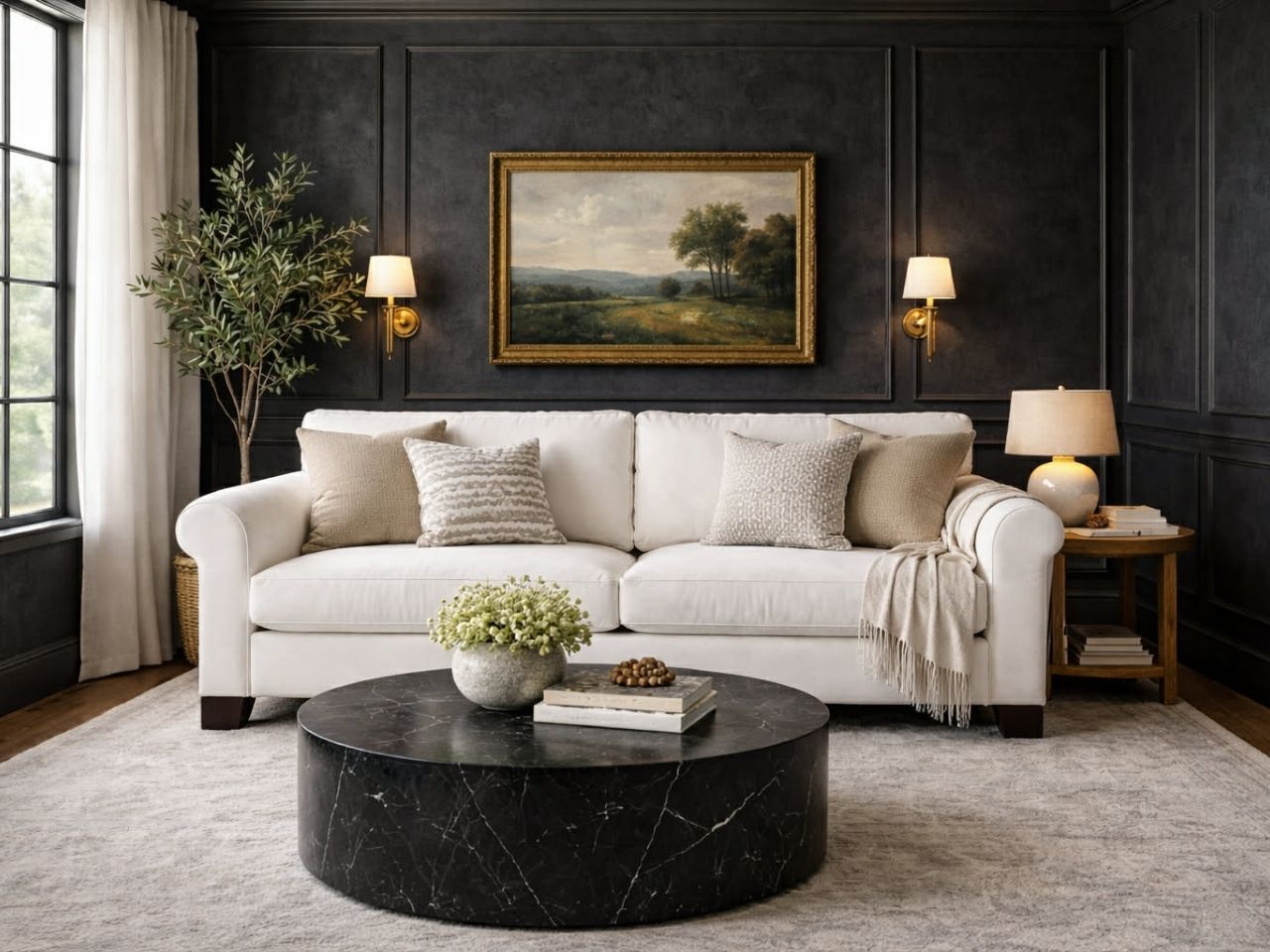 🇨🇦 2323 Custom Fabric Sofa with a black round coffee table | Calgary Furniture Store