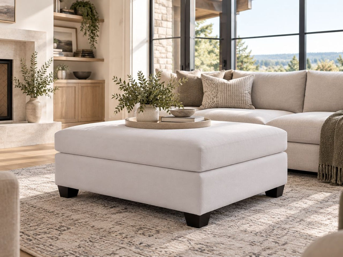Cream upholstered ottoman in a bright, modern living room with neutral furniture and warm natural accents.