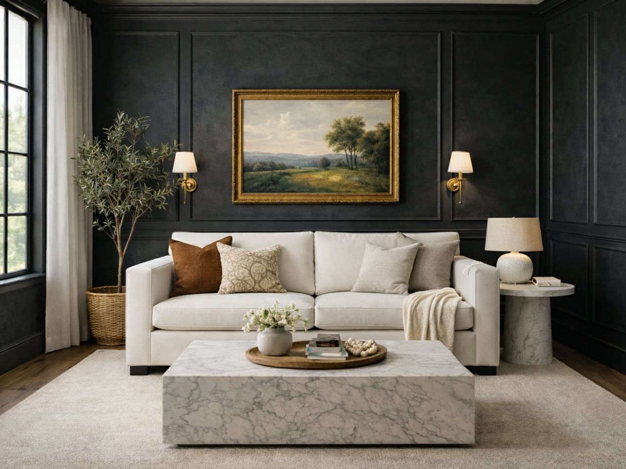 🇨🇦 2900 Custom Fabric Sofa with white marble coffee table| Calgary Furniture Store