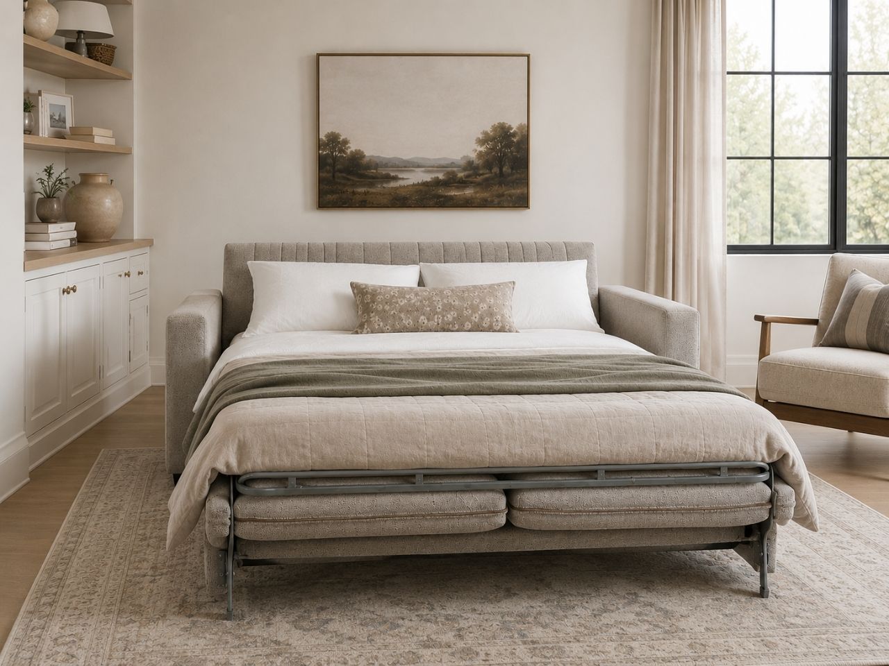 Beige sleeper sofa opened into a bed in a cozy modern living room.