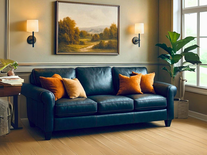 Custom Top Grain Sofa with orange and yellow cushions in a living room setting.