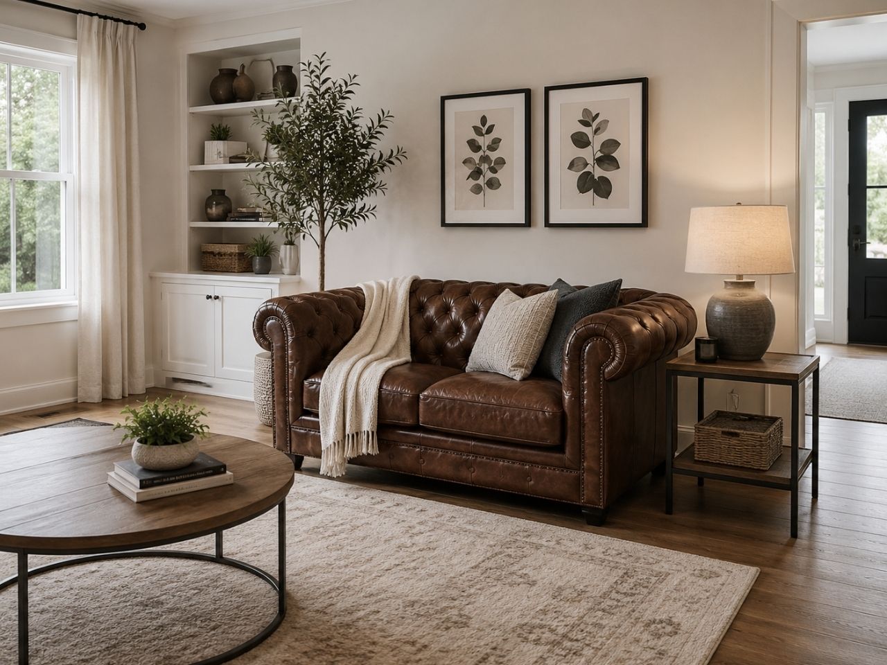 Brown tufted leather loveseat styled in a warm, modern living room with neutral décor.