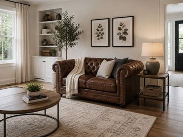 Brown tufted leather loveseat styled in a warm, modern living room with neutral décor.