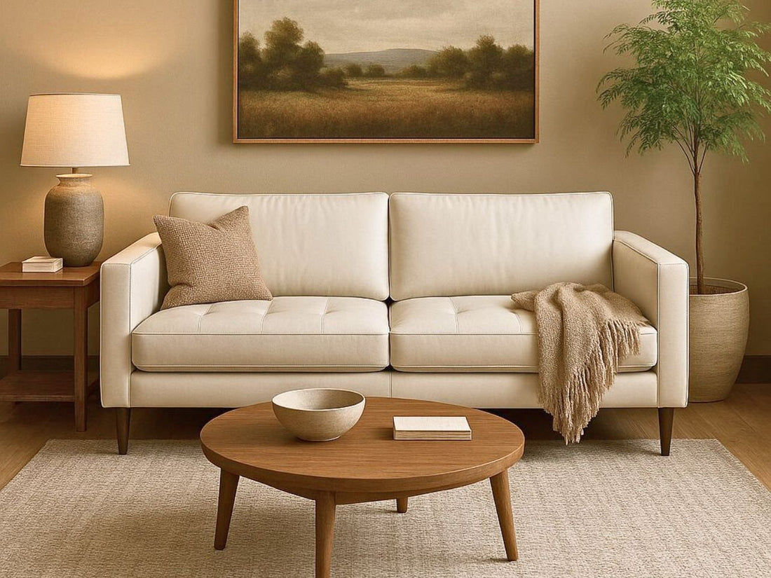 Modern living room with 3795 Custom leather sofa in Calgary, wooden coffee table, and decorative elements.