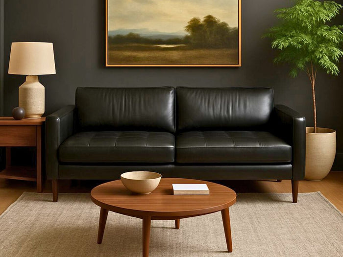 Modern living room with 3795 Custom leather sofa in Calgary, wooden coffee table, and decorative elements.