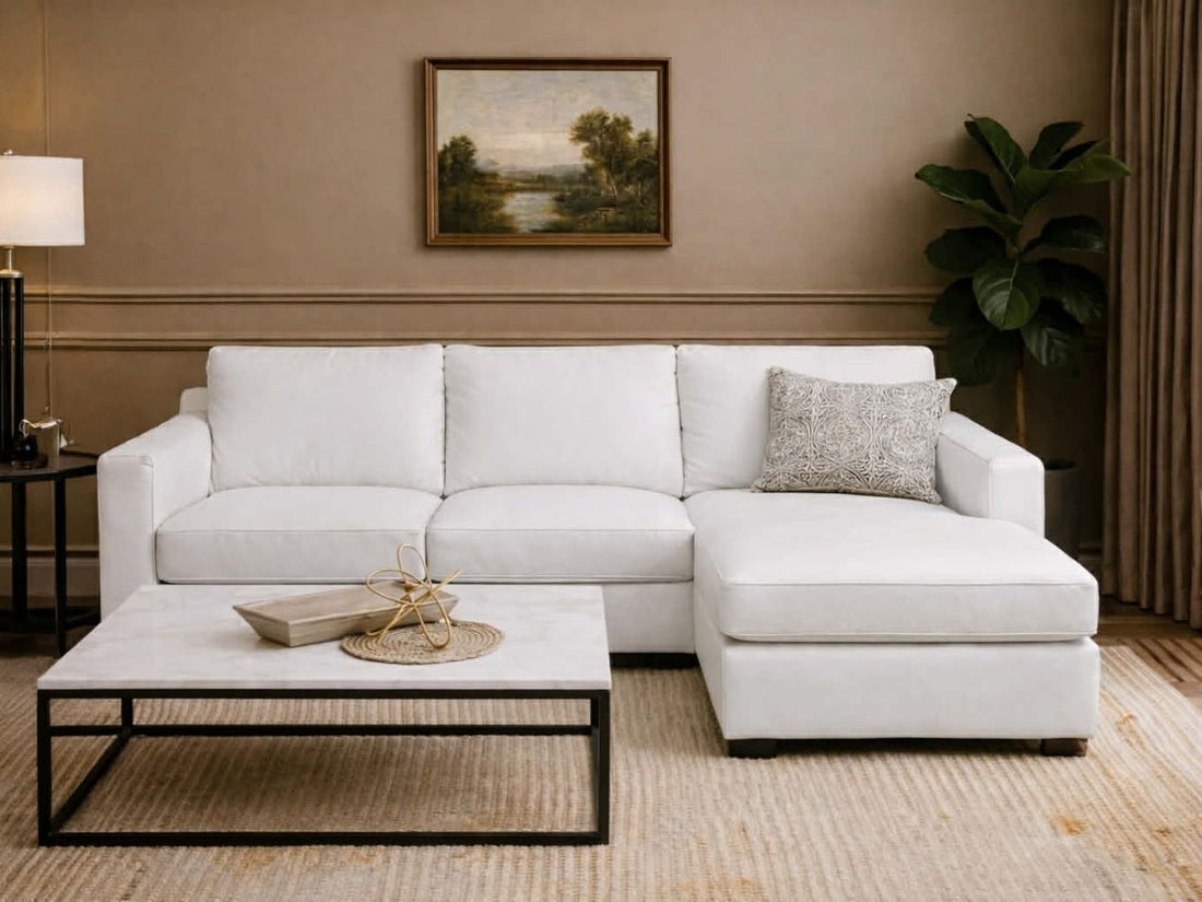 A Custom leather sectional sofa with a right-facing chaise lounge in a warm, neutral living room.