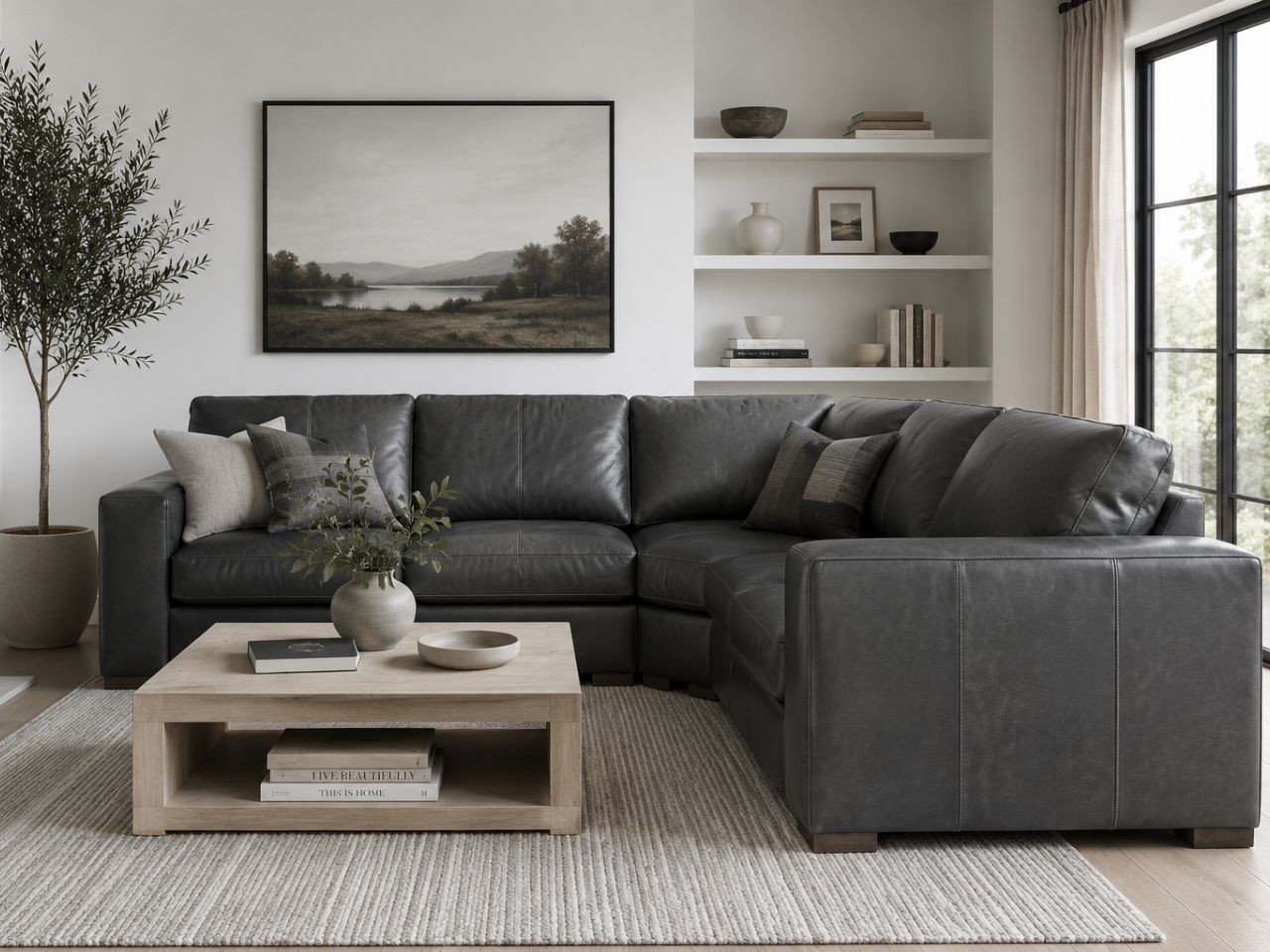 Gray leather sectional with deep seating and contemporary design.