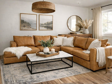 Tan leather sectional sofa styled in a warm living room with a marble-top coffee table and neutral decor.
