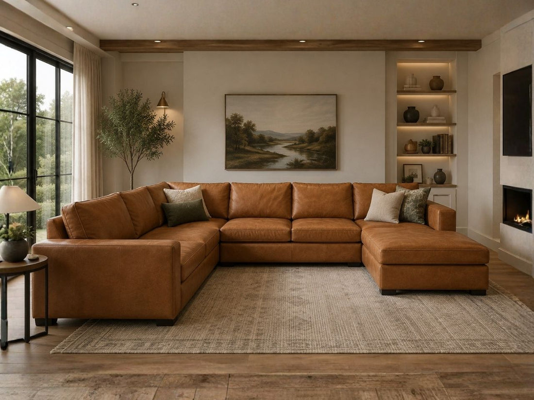 Tan leather sectional sofa styled in a warm living room with a marble-top coffee table and neutral decor.