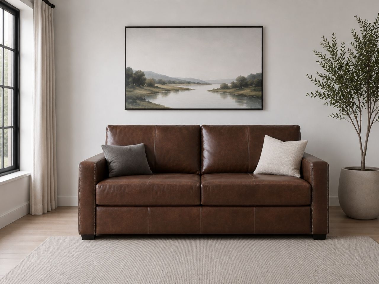 Brown leather sleeper sofa with clean modern lines.