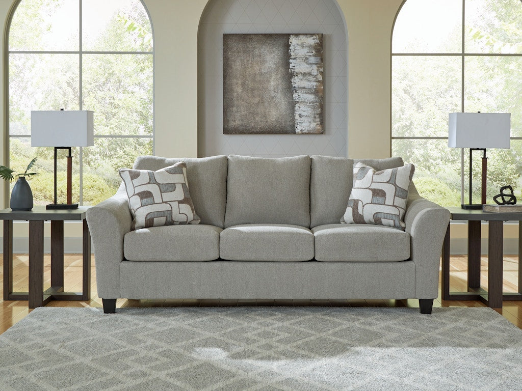 Benchcraft Willarae Taupe Fabric Three-Cushion Sofa with Pillows