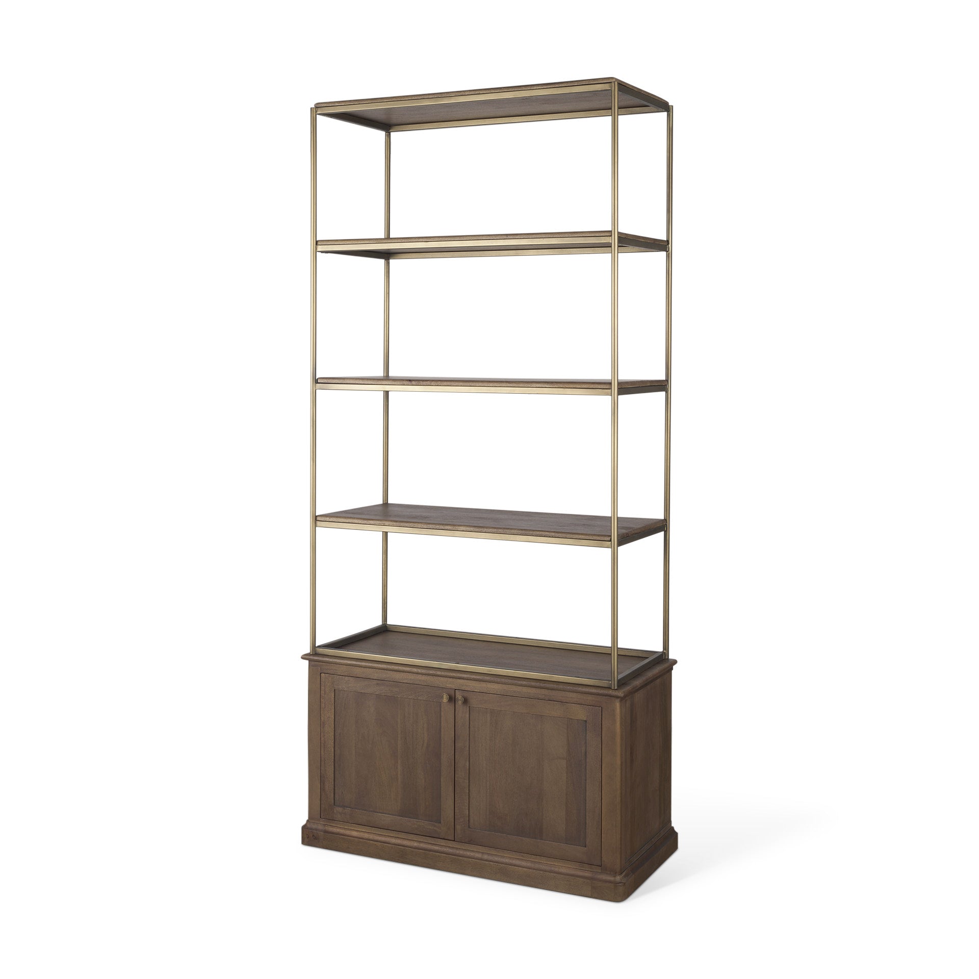 Baron Dark Brown Wood w/ Antiqued Aged Brass Metal 2-Door Open Shelving Unit - Calgary Furniture Store